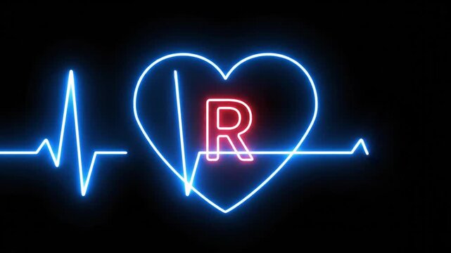 Neon Heart with Letter R and Heartbeat Line - Love, Health, Medical Concept