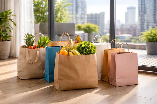 Fresh groceries bags filled with vibrant produce, placed near a window with city view
