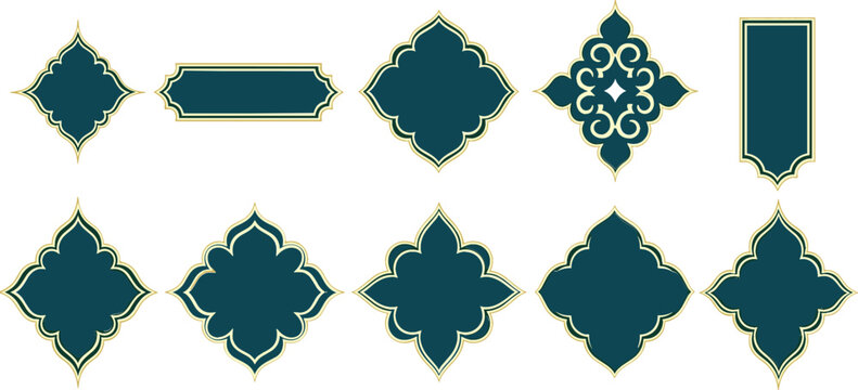 Islamic ornamental frame set featuring traditional teal and gold arabesque borders and geometric patterns for Ramadan and cultural design.