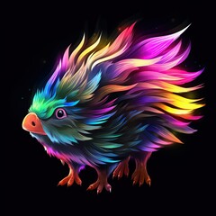 Fototapeta premium Vibrant Rainbow Spiked Fantasy Hedgehog Creature With Neon Fiery Quills Against Dark Background