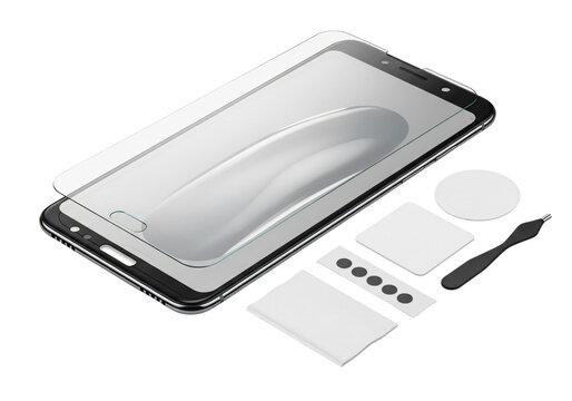 A smartphone screen protector and its installation tools isolated on transparent background