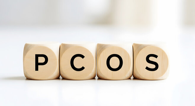 Four wooden alphabet blocks spelling P C O S on a white surface pcos syndrome