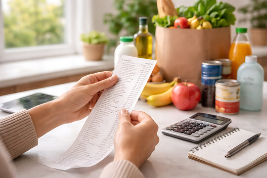 Examining a grocery receipt, a mindful consumer assesses their expenditure with groceries in the background.
