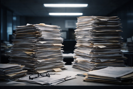 Piles of documents on a desk in a dimly lit office, evoking a sense of overwhelming paperwork. A pair of glasses sits on the desk amidst the clutter