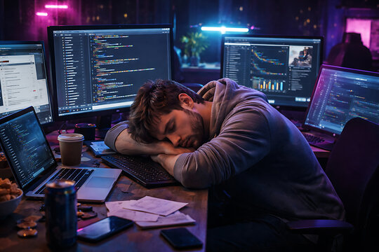 A exhausted coder resting on his desk surrounded by multiple monitors displaying coding