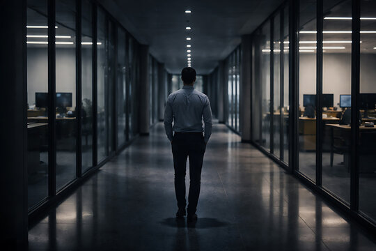 A lone figure walks down the hallway. The image creates a sense of loneliness and anticipation, inviting viewers to ponder the person's journey. 