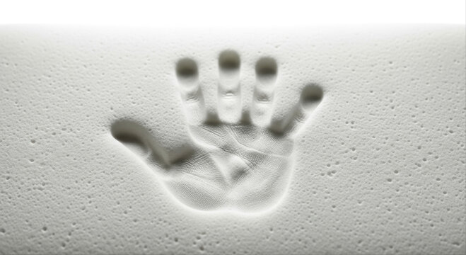 Handprint impression on memory foam pillow, isolated on white background, showcasing texture and contour detail