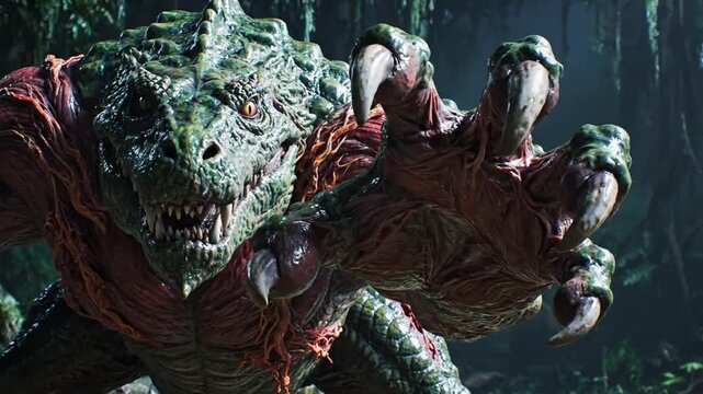 Giant fierce reptilian monster with sharp claws and teeth in a dark jungle