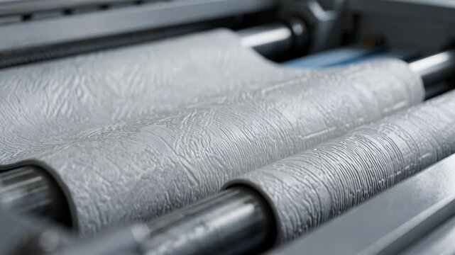 Medium shot capturing textured polypropylene binder covers being formed focusing on intricate surface patterns and tactile quality during an automated assembly process.