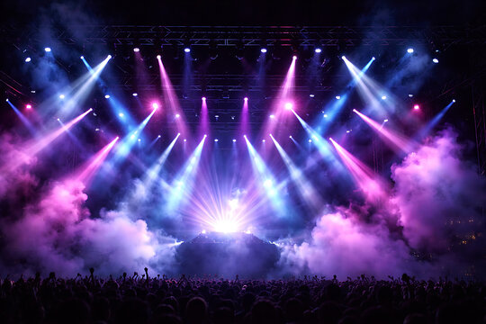 A concert stage illuminated with vibrant lights and effects