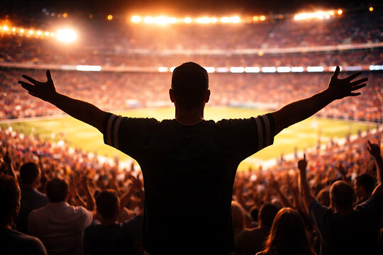 A fan cheering in a packed stadium with arms wide open