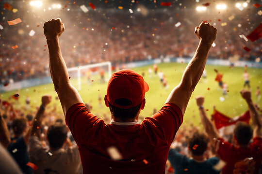 A passionate fan celebrates the game with arms raised at the stadium. Fans in the background with flags, the atmosphere filled with energy