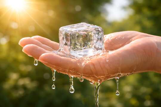 A hand holding a melting ice cube in the sun, with water droplets dripping off it. The scene captures the beauty and transience of nature