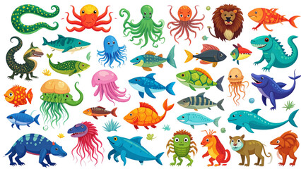 Obraz premium Dangerous Animals and Sea Creatures Cartoon Illustration Set Featuring Snakes, Scorpions, Octopus, Fish, Jellyfish, Frog, and Wild Predators for Education Vector Design