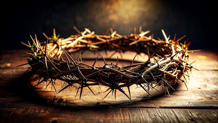 Fototapeta premium Crown of Thorns on Dark Background with Dramatic Lighting, Christian Good Friday Passion Symbol, Biblical Religious Concept of Sacrifice and Redemption