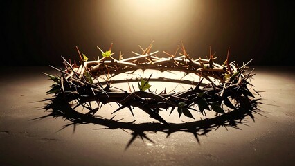 Fototapeta premium Crown of Thorns Under Divine Light, Good Friday Passion of Christ Symbol, Christian Easter Faith Concept of Sacrifice and Redemption