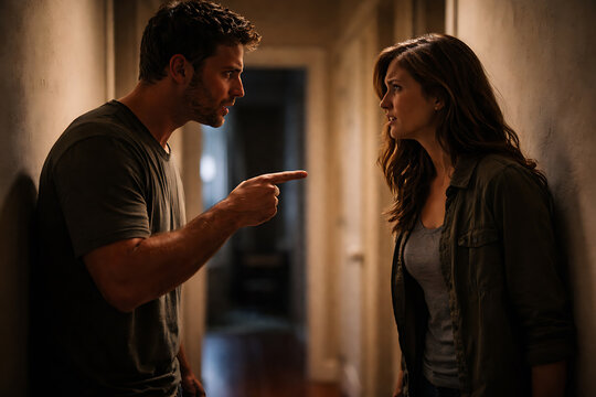 A tense dispute between a man and a woman in the hallway. The man is pointing and the woman appears dismayed.