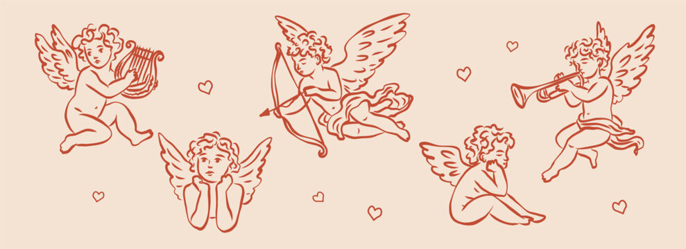 Retro cute cupids or cherubs collection. Hand drawn whimsical illustration