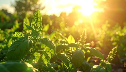 A serene field of lush green plants basking in warm sunlight