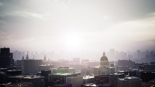 sunrise over urban skyline with dome, soft haze and golden glow over distant metropolis, rooftop lights reflecting on wet streets, calm atmosphere with gentle