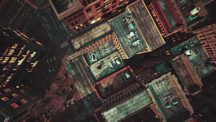 A vibrant cityscape displays tall buildings and busy streets illuminated by colorful lights. Cars move below while shadows dance across rooftops, reflecting city life after sunset.