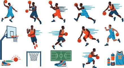 Basketball player action poses vector set featuring athletes dribbling dunking and shooting with sports equipment court and jersey elements © Sumona