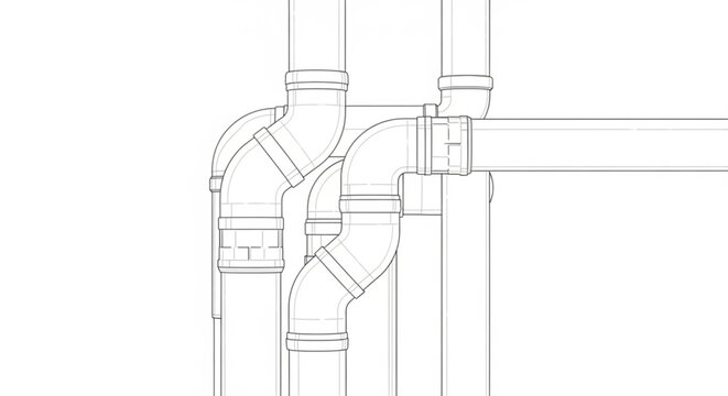 Complex plumbing system illustration showing pipes, fittings, and connections in a technical diagram view