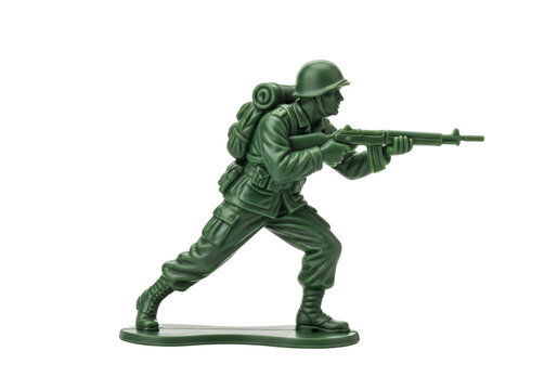 A small green plastic toy soldier with a gun isolated on transparent background
