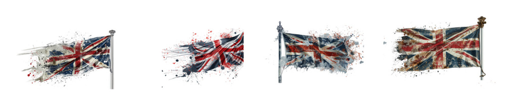 Distressed Union Jack Flags with Splatter Paint Effects and Tattered Edges isolated on transparent background