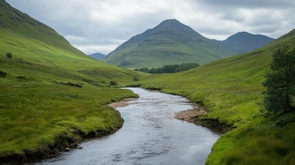 Serene river flows through lush green valley with majestic mountains under cloudy sky