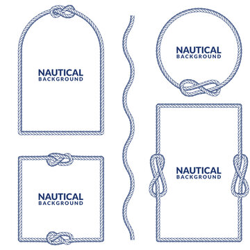 Rope frames and nautical borders vector set. Design for banner, poster, card, yacht style label, beach party invitation