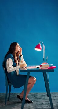 Sneeze, tissue and business woman in studio, allergies and mockup space for flu infection symptoms. Desk, hayfever and sick employee with germ safety practice for illness, sinus or blue background