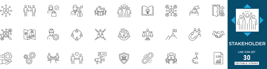 Stakeholder line icon set featuring engagement, partnership, analysis, influence, relationship, interest, and community. Professional editable vector set for management. © MdAzizar