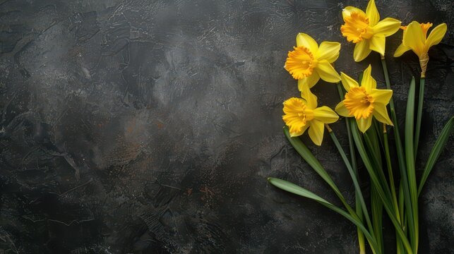 Saint david's day celebration with bright yellow daffodils on dark textured background. Horizontal banner. Copy space. Spring flower background