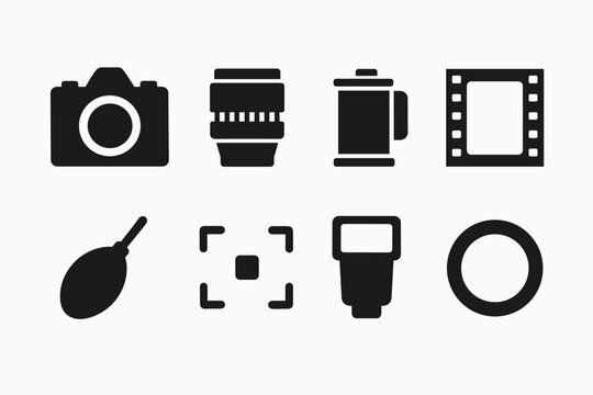 Analog Photography Icons. Analog photography gear. Filled icon set of analog photography gear: SLR camera,