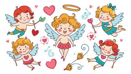 Naklejka premium Playful Cupids with Hearts and Bows - Adorable Vector Art for Love and Valentine's Day