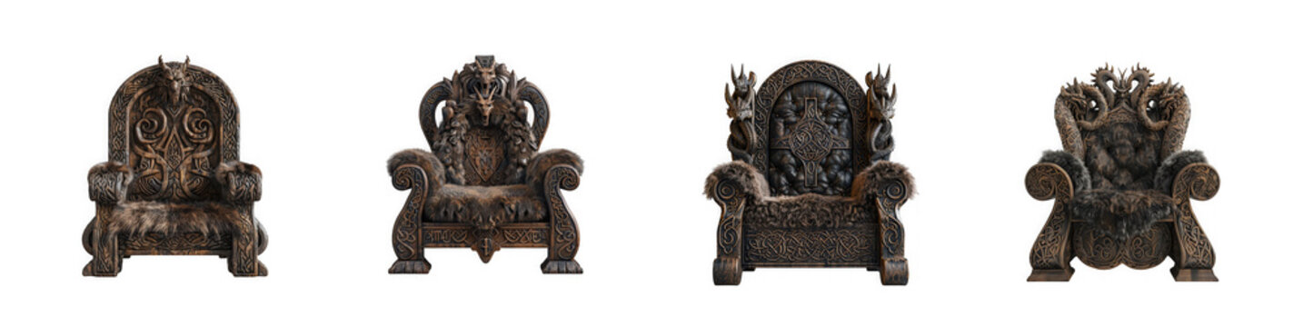 Four ornate, dark wooden thrones with fur accents and dragon carvings isolated on transparent background