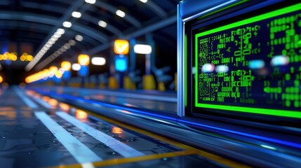 Naklejka premium Futuristic Technology Background with Glowing Green Code on Display in Modern Industrial Environment