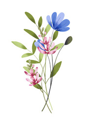 Flowers, leaves spring floral clip art. Bouquet perfectly for printing design on invitations, greeting cards, posters and other. Isolated on white background. Hand painting.