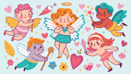 Adorable Cartoon Cupids with Wings and Hearts, radiating love and romance on a soft blue background