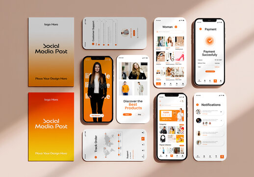 Comprehensive E commerce Mobile App UI Kit and Social Media Post Mockup Set