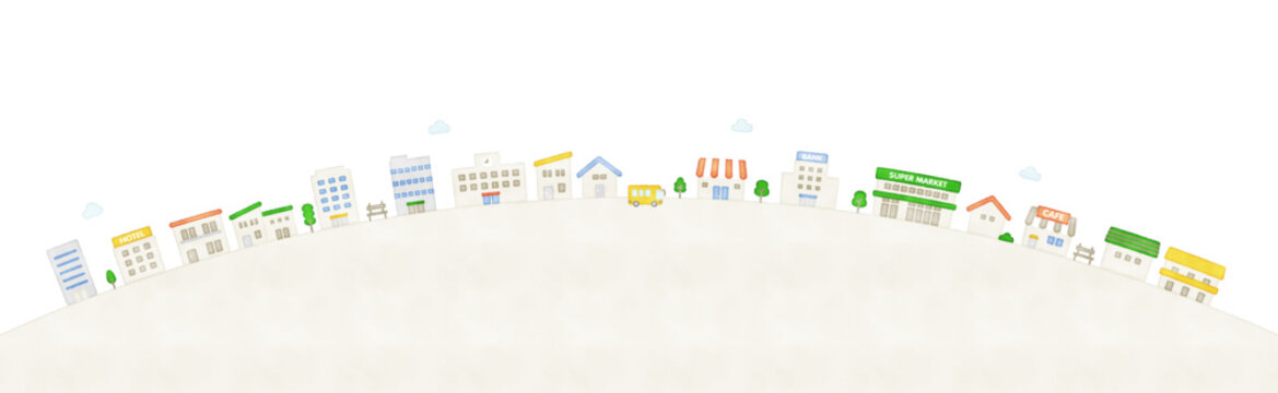 Arc-shaped watercolor cityscape with residential buildings