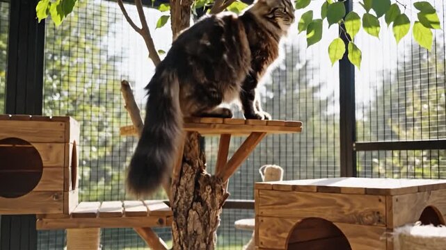 A beautiful Maine Coon cat plays on a wooden tree in a catio