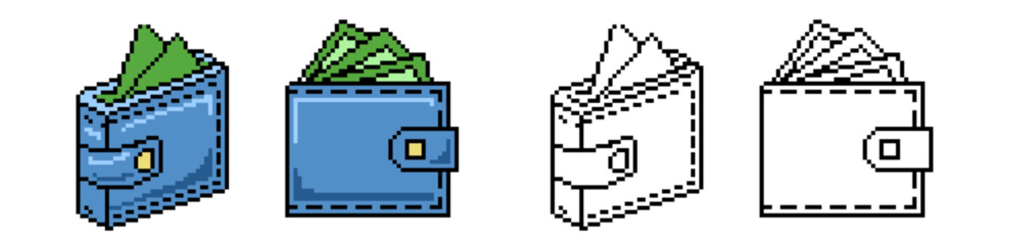 Set editable pixel wallet icon vector for retro finance apps. Ideal for symbolizing 8-bit savings, digital currency storage, and classic gaming wealth.