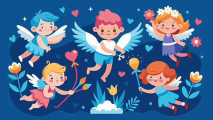 Fototapeta premium Charming vector illustration of playful cupids in blue hues, flying among hearts and flowers, ideal for romantic greetings and February 14th designs.