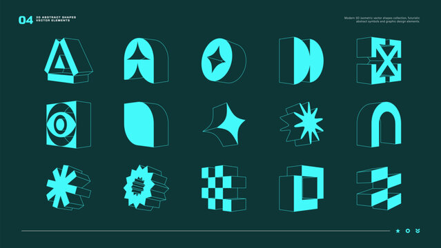 Modern 3D isometric vector shapes collection, futuristic abstract symbols and graphic design elements.