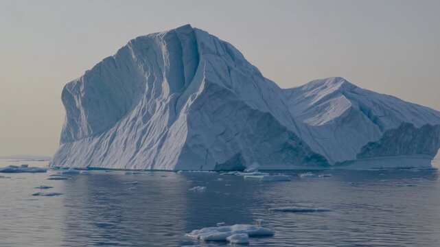 Calm Arctic Sea With Towering Iceberg, Glassy Reflections, Soft Sunrise Glow, Small Ice Floes Drifting, Pristine Textures, Tranquil Atmosphere Highlighting Polar Scale And Climate Mood.