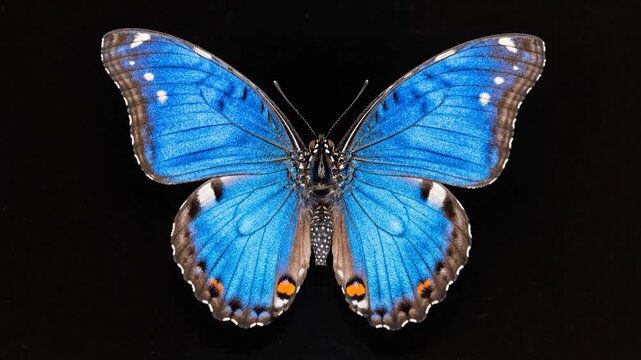 Collage of a beautiful blue butterfly with open wings on black