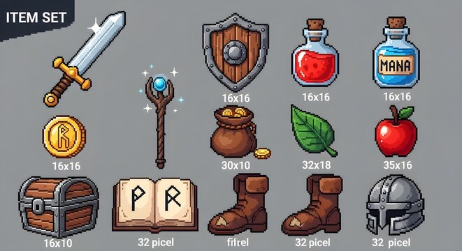  Pixel fantasy RPG item set with sword, shield, magic staff, red and blue potions, gold coin, money bag, magic leaf, tasty red apple, treasure chest, spell book, boots and helmet, perfect for ad