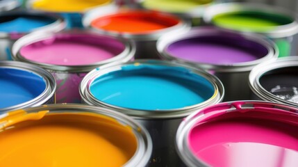 Fototapeta premium Colorful Close-Up of Open Paint Cans Displaying Vibrant Paint Tones for Artistic Projects and Home Improvement